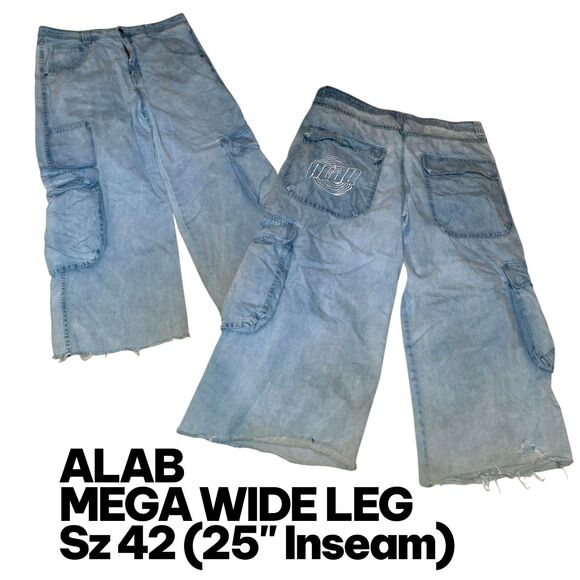 ALAB MEGA WIDE LEG Sz 42 Embroidered Pocket Logo Skater Rave Y2K Grunge Jeans - Picture 1 of 10